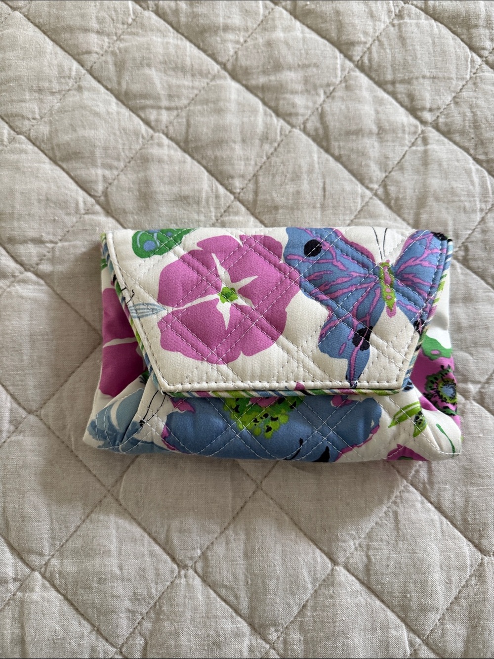 Vera Bradley White Floral Butterfly Quilted Wallet/clutch - Pink, Blue, Green